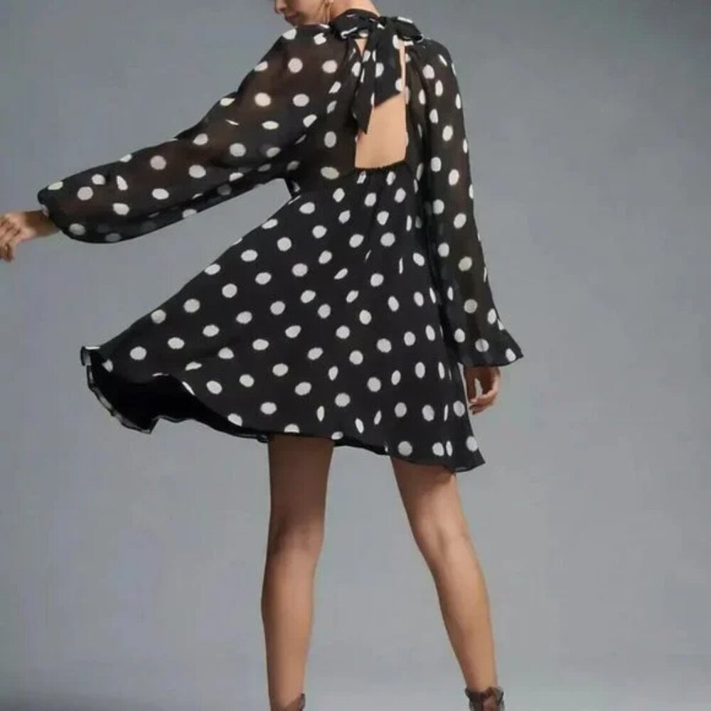 Anthropologie Maeve Long-Sleeve Sheer Mini Polka Dot Dress NWOT Size XS